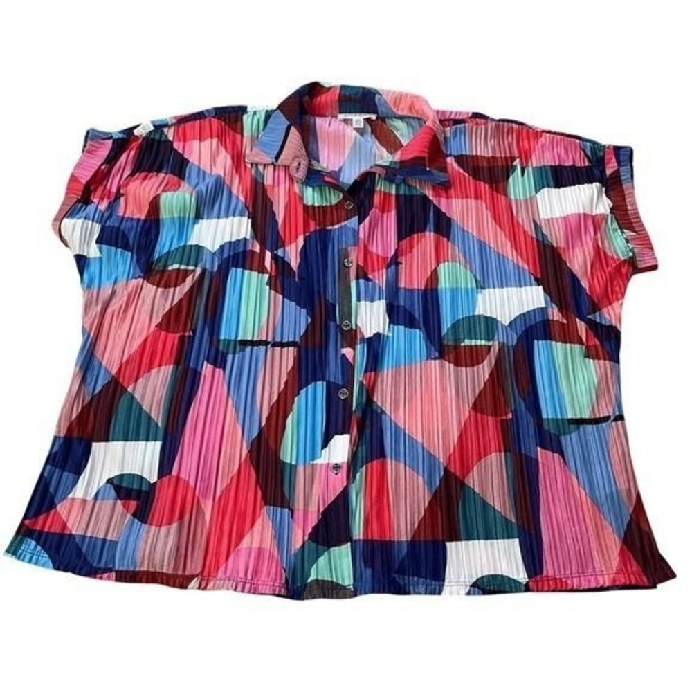 Rio & Rian New York Multi Color Geometric Plisse Pleated Button Down Top Large